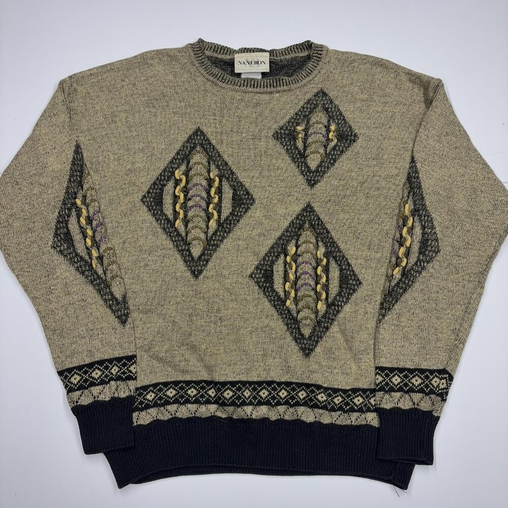 Vintage 90s NANI BON Men's Sweater Made Italy 3D Pattern Knit Crewneck - Size 48